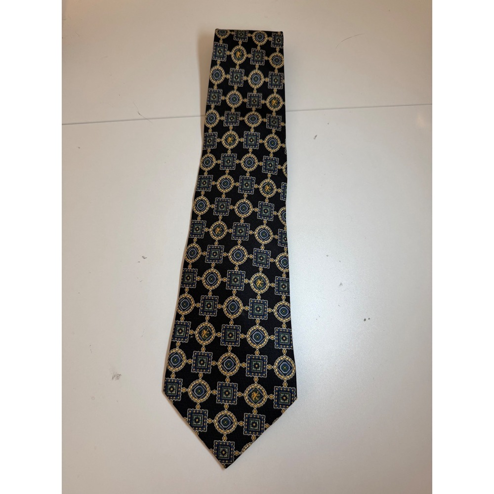 Tommy Hilfiger Mens Silk Tie Navy Blue Gold Green Geometric Medallion Crest - Picture 6 of 7